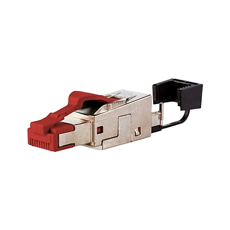 Ein metallfarbener Stecker mit rotem Hebel und schwarzem Anschluss.