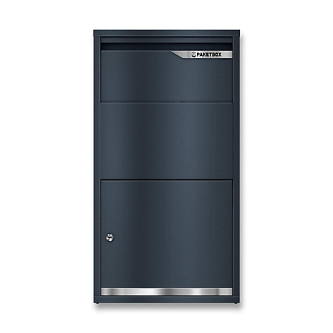 Boîte aux colis gris foncé sur fond blanc. Avec le logo Paketbox et une petite serrure en bas.