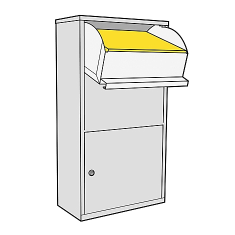 Boîte aux lettres grise avec fente jaune. Le rabat supérieur est ouvert.