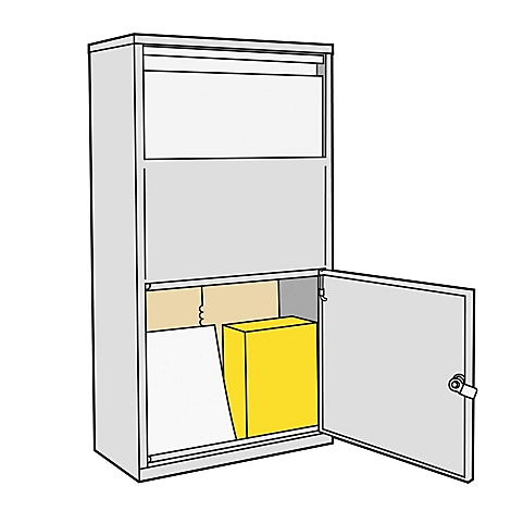 Un classeur gris avec une porte ouverte. Boîte jaune à l'intérieur.