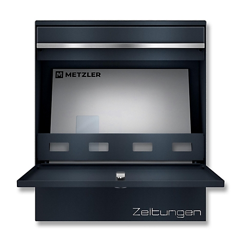 Boîte aux lettres gris foncé avec rabat, inscription "Zeitungen". Logo "Metzler".