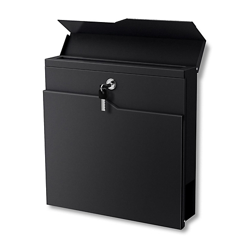 Boîte aux lettres noire avec couvercle ouvert et clé.