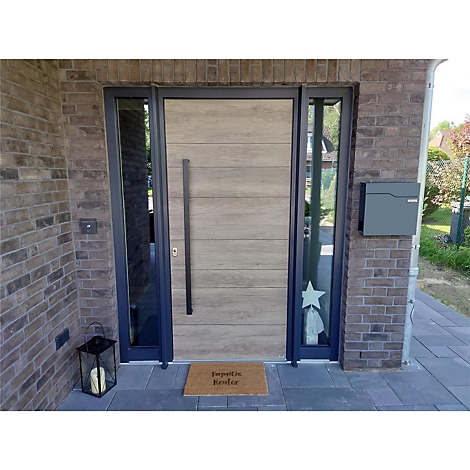 Porte d'entrée moderne avec panneau latéral en verre aspect bois, cadre sombre, poignée et boîte aux lettres, devant un paillasson.