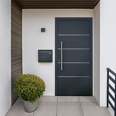 Dunkelgraue Haustür mit horizontalen Linien und langem Griff. Briefkasten und Pflanze davor.