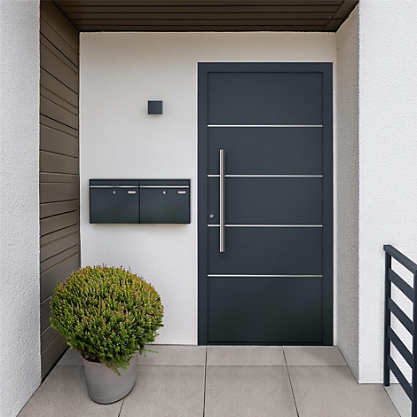 Dunkelgraue Haustür mit Edelstahlgriff und horizontalen Zierleisten, Briefkasten, Pflanze im Topf.