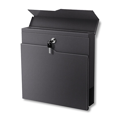 Dunkelgrauer Briefkasten mit Klappe und Schlüssel.