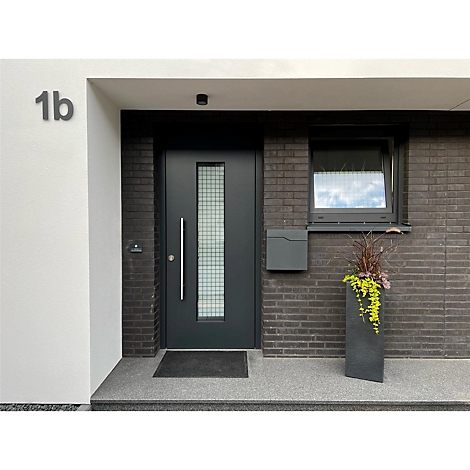 Dunkle Haustür mit Glasausschnitt und Hausnummer 1b, umgeben von dunklem Backsteinmauerwerk und Topfpflanzen.
