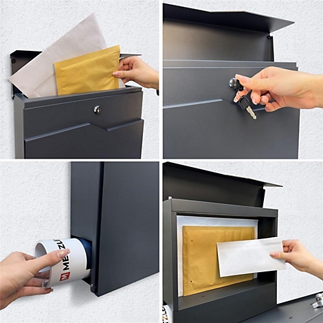 Vier Bilder zeigen eine schwarze Briefkasten-Serie. Gezeigt werden das Einwerfen von Post, das Öffnen mit Schlüssel, eine Tasse und das Herausnehmen von Post.
