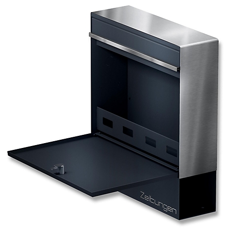 Donkergrijze brievenbus met open klep en roestvrijstalen accenten. Onderaan staat "Zeitungen".