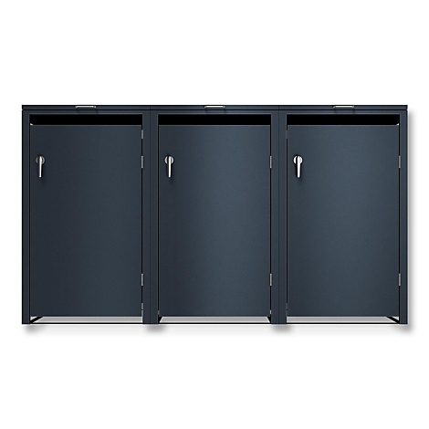 Armoire en trois parties, gris foncé avec poignées sur les portes, sur fond blanc.