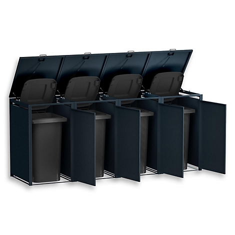 Conteneur à déchets bleu foncé multi-compartiments avec quatre compartiments séparés et couvercles à charnière.