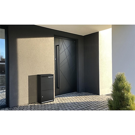 Schwarze Haustür mit geometrischem Muster, Briefkasten und kleiner Baum. Die Tür ist ein zentrales Element.