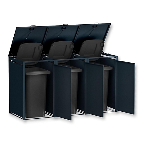 Donkerblauwe vuilnisbak met drie compartimenten en open deksels. Elk compartiment heeft een aparte deur.