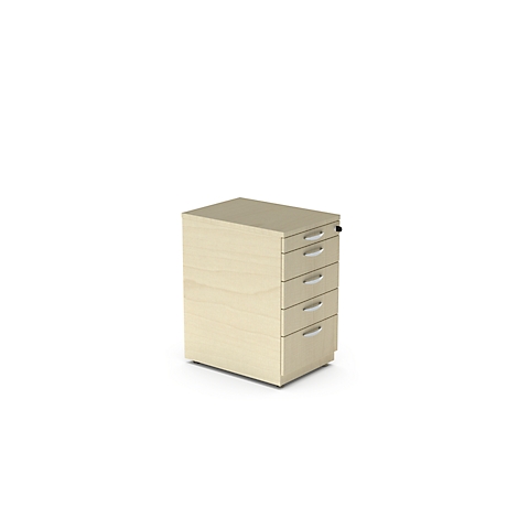 Pied de lit mobile beige avec quatre tiroirs et poignées argentées sur fond blanc.