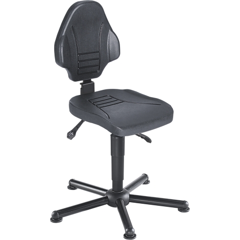 Schwarzer Arbeitsstuhl mit ergonomischer Rückenlehne und fünfstrahligem Fußkreuz auf Gleitern.