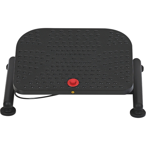 Schwarze, ergonomische Fußstütze mit genoppter Oberfläche und einem mittigen roten Knopf vor weißem Hintergrund.