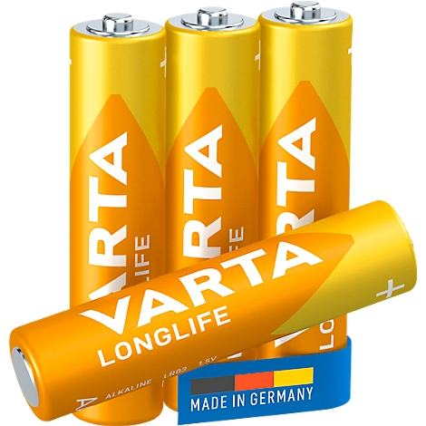 VARTA brand batteries in yellow and orange. Inscription: Longlife, Made in Germany. A plus sign is visible.