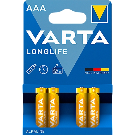 Battery pack with VARTA batteries, yellow-gold, on a blue background.