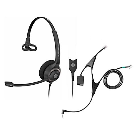 Casque noir avec microphone et câbles sur fond blanc.