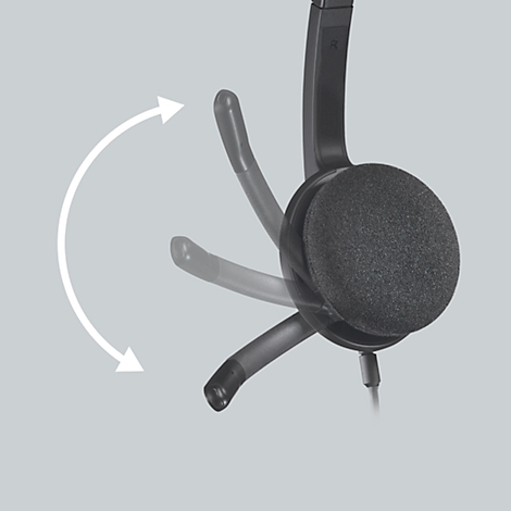 Gros plan d'un casque noir, dont le bras du microphone est montré dans différentes positions. La flèche illustre la flexibilité.