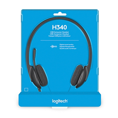 Casque USB pour ordinateur Logitech H340 noir dans un emballage bleu. Texte: H340, Digital Sound Quality.