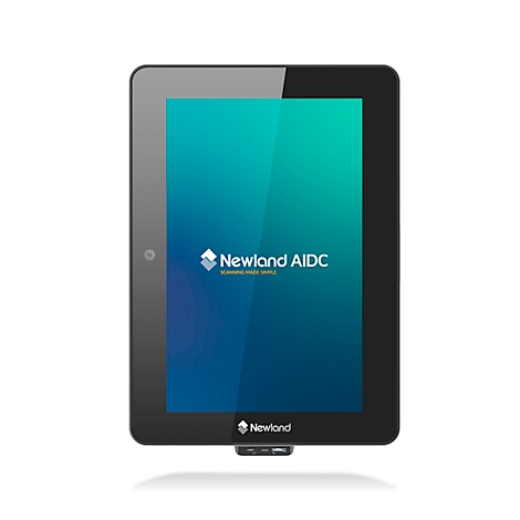Schwarzes Tablet mit Newland-Logo auf dem Bildschirm und einem Kameraauge.