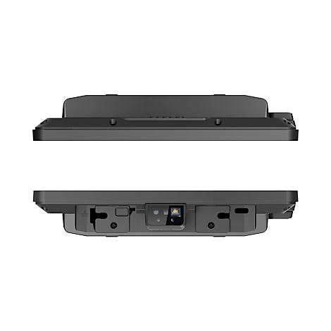 Dunkelgraues Tablet in Draufsicht. Oben ein erhöhter Teil, darunter Anschlüsse und Kamera.