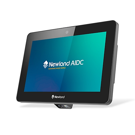Schwarzes Tablet mit Logo "Newland AIDC", blauer und grüner Bildschirm, Kamera und Scanner unten.