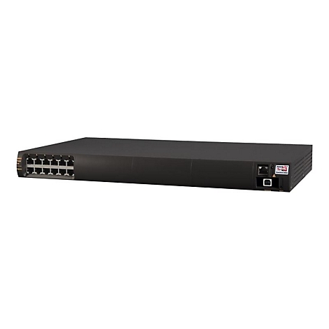 Schwarzer Netzwerk-Switch mit vielen Anschlüssen. Aufschrift: PowerHouse 8000.