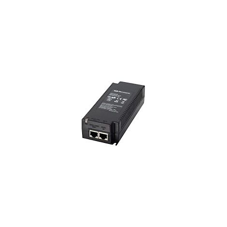 Schwarzes Netzteil mit zwei RJ45-AnschlÃ¼ssen, grauer Hintergrund.
