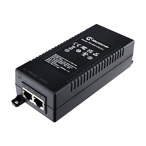 Appareil réseau noir avec ports et étiquettes. L'appareil est représenté sur un fond blanc.