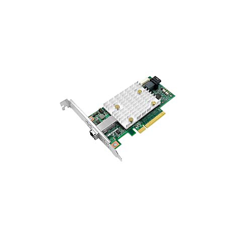 Eine grüne Platine mit silbernem Kühlkörper, goldfarbenen Schrauben und einem Ethernet-Anschluss.