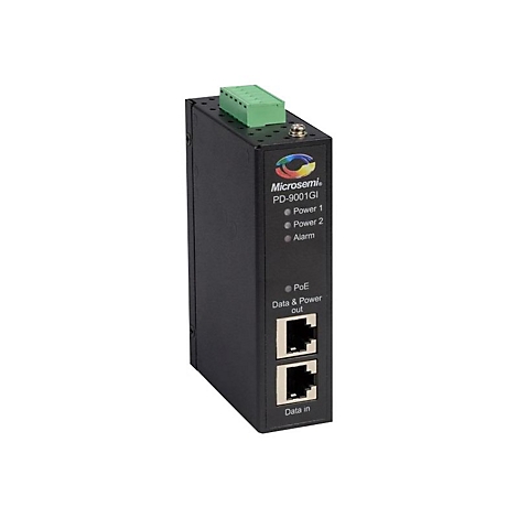 Ein schwarzer PoE-Konverter mit grünen Anschlüssen und Anschlüssen für Daten und Strom.