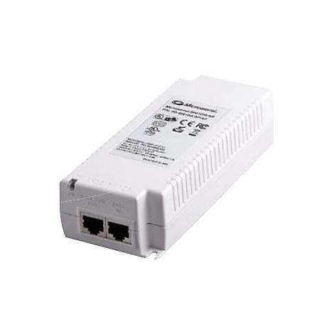 Weißes, rechteckiges Stromversorgungsgerät mit Anschlüssen und Etikett.