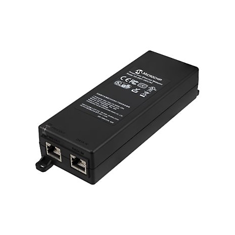 Schwarzer Power-over-Ethernet-Injektor mit zwei RJ45-Anschlüssen. Der Injektor trägt das Microchip-Logo.