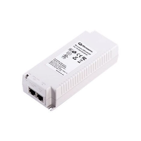 Weißes elektronisches Gerät, rechteckig, mit Steckern und Beschriftung.