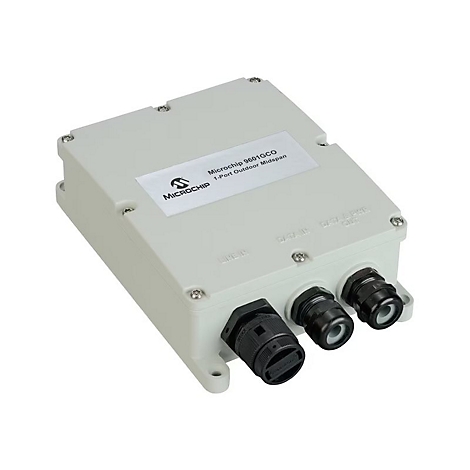 Hellgrauer Kasten mit Anschlüssen, Aufschrift Microchip und Produktbezeichnung.