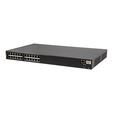 Schwarzer Netzwerk-Switch mit Ports und Anschlüssen. Seitlich: "Console", "Main". Oben: nummerierte Ports.