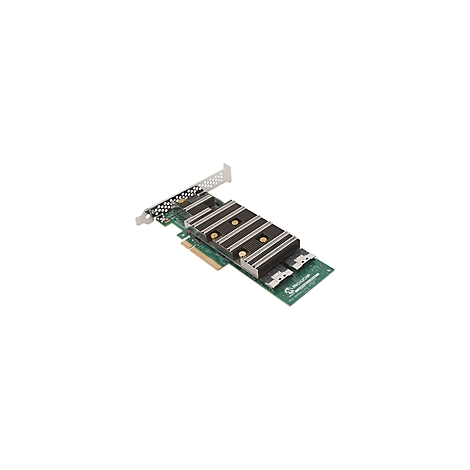 Eine grüne PC-Karte mit Metallkühlkörpern und Anschlüssen.