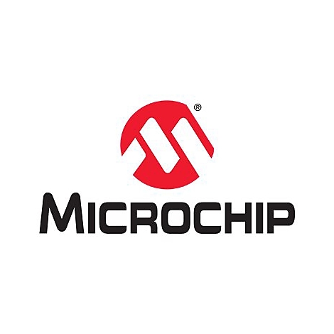 Logo Microchip : Cercle rouge avec symbole « M » blanc, avec lettrage noir Microchip en dessous.