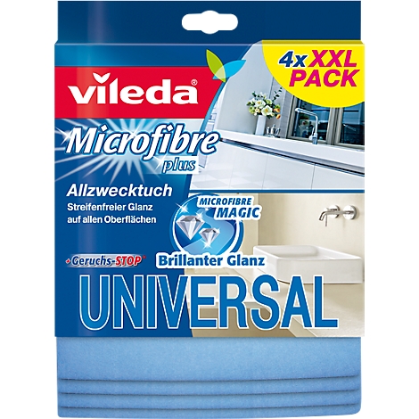 Vileda microfiber cleaning cloths package with product name and blue background.