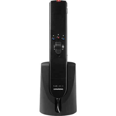 Zwart dicteerapparaat met oplaadstation. Rood lampje aan de bovenkant, knoppen en schakelaar eronder. Opschrift: Grundig.