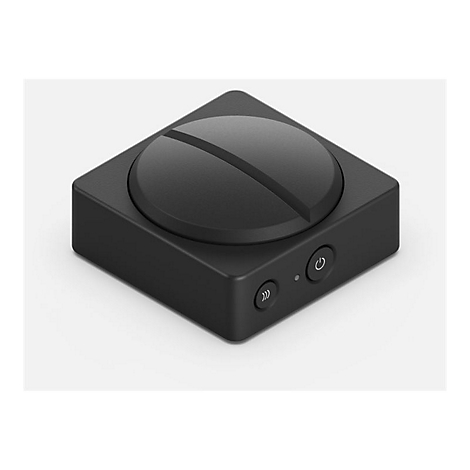 Schwarzes, quadratisches Gerät mit kreisförmiger Oberseite und zwei Knöpfen, einem Ein/Aus-Schalter und einem mit Pfeilen.
