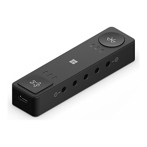 Appareil noir rectangulaire avec des boutons, des prises et des logos. Connexion Bluetooth sans fil, port mini USB.