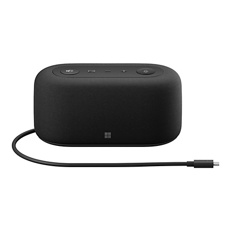 Haut-parleur noir de forme cubique avec commandes sur le dessus. Connexion par câble USB-C.