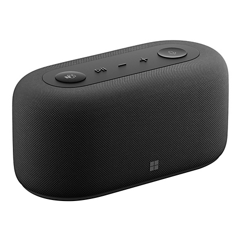 Haut-parleur noir avec bouton de microphone. Boutons en haut, logo Windows en bas.