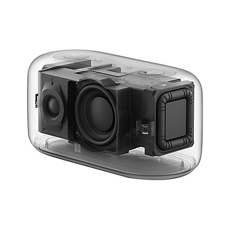 Haut-parleur transparent, montrant l'intérieur. Grands et petits haut-parleurs, structure interne noire.