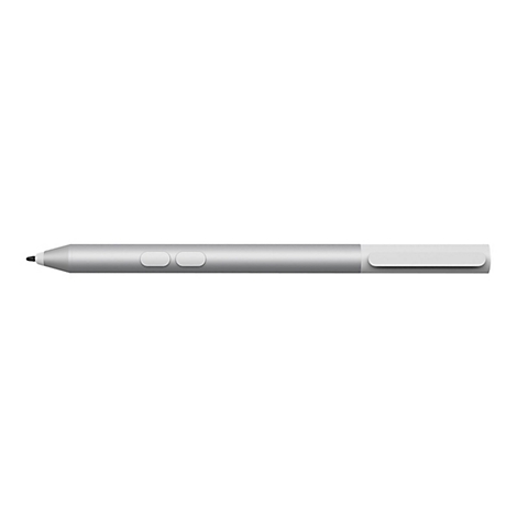 Ein silberner digitaler Stift, der auf weißem Hintergrund liegt. Der Stift hat zwei Knöpfe und eine rechteckige Spitze.