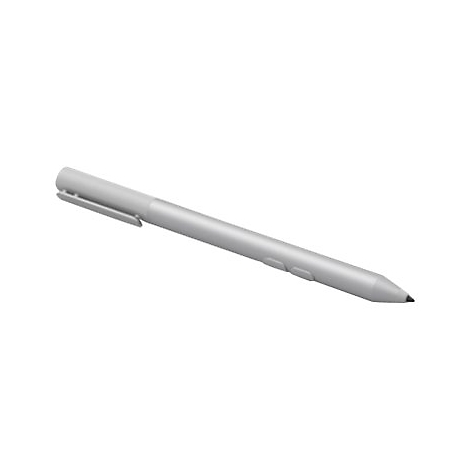 Un stylo argentÃ© avec un clip et deux boutons, posÃ© sur fond blanc.