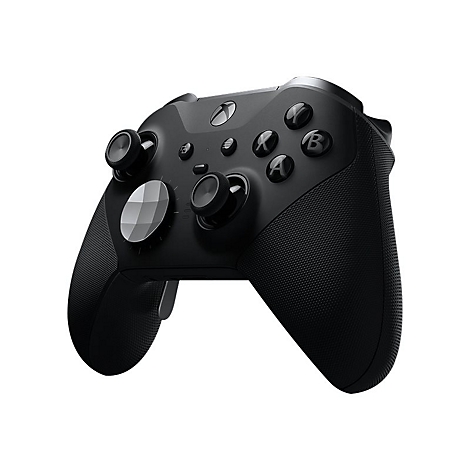 Manette sans fil Xbox Elite noire. Boutons, sticks et gâchettes sont visibles.